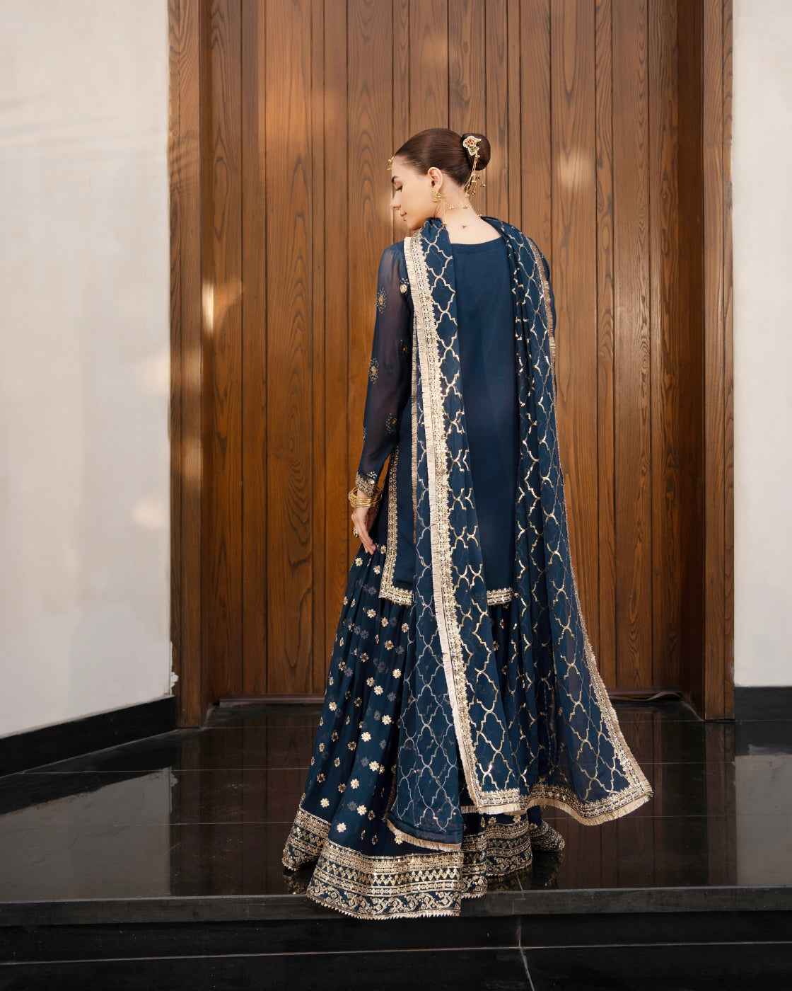 Navy Blue Embroidered Gold Work & Dupatta