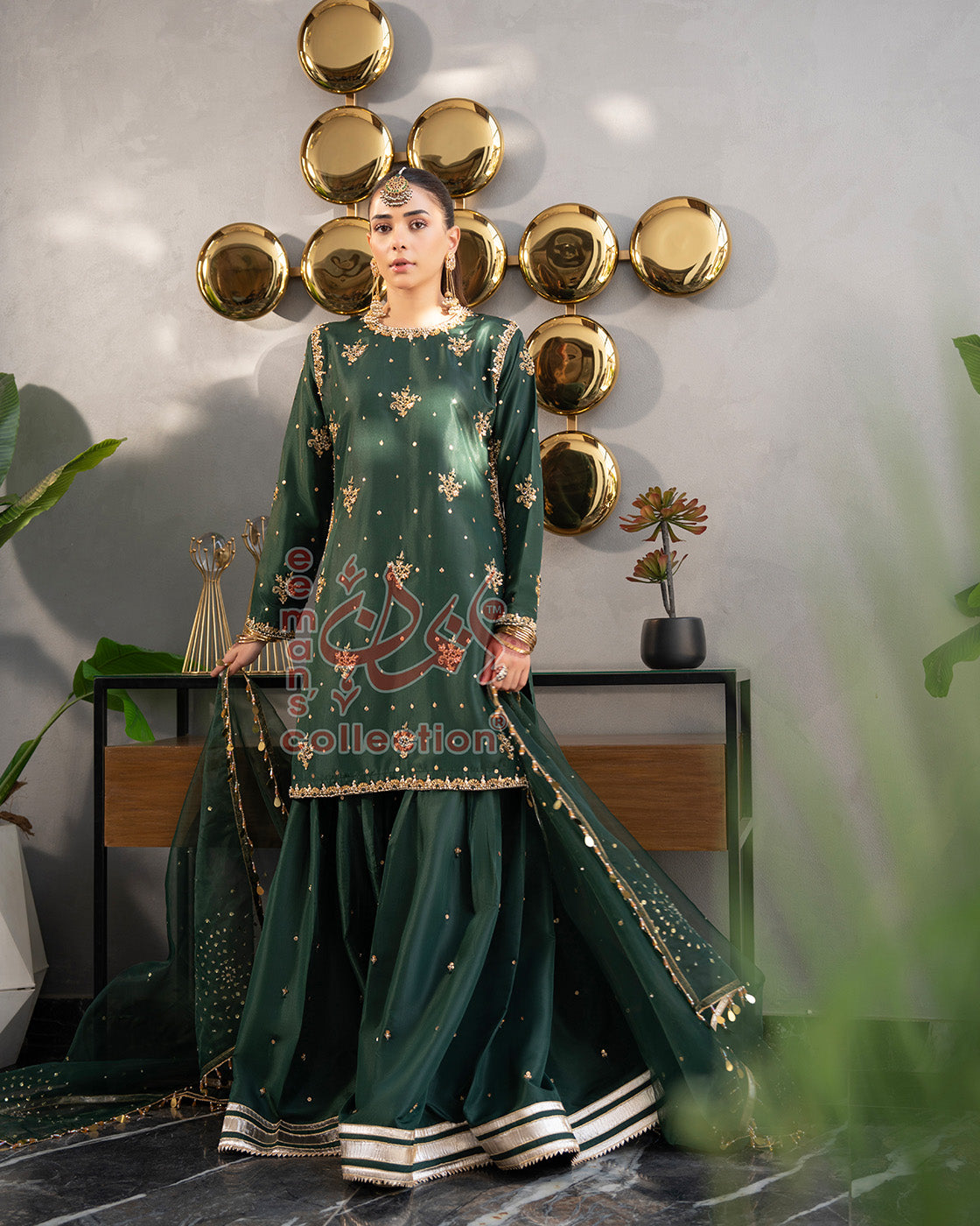Emerald Green Pakistani Luxury Suit | Gold Embroidered Wear