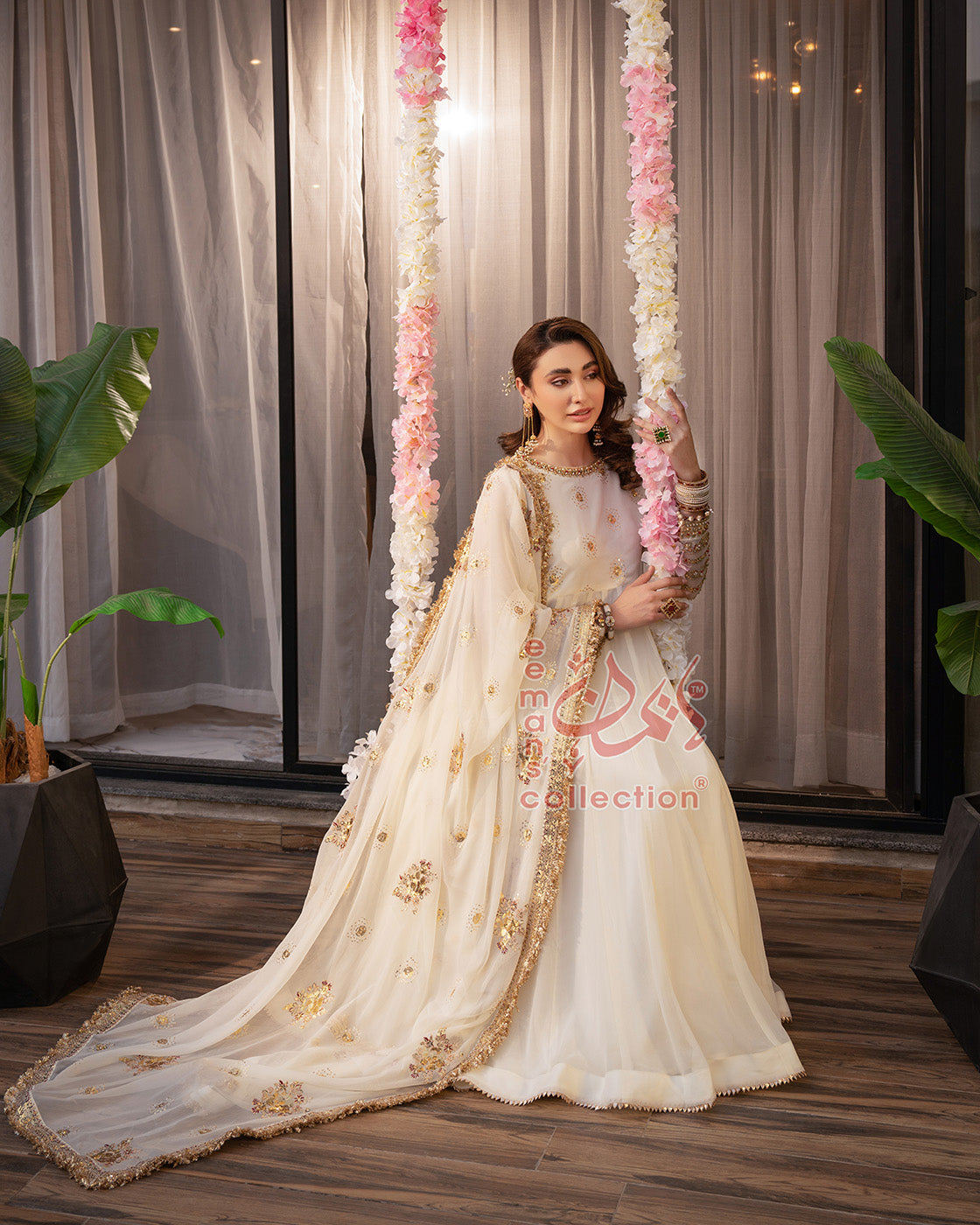 Off White Festive Embroidered Dress | Gold Luxury Suit