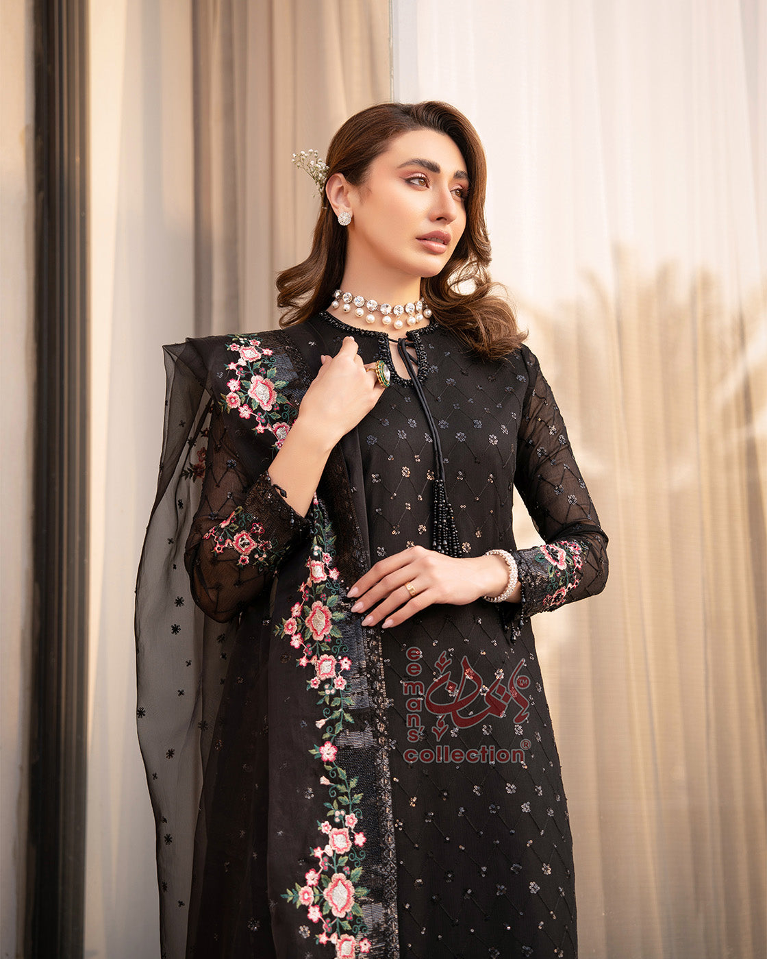 Black Floral Pink Embroidered Suit with Gold Detailing