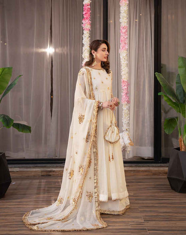 Elegant Off-White Embroidered Suit with Gold Festive