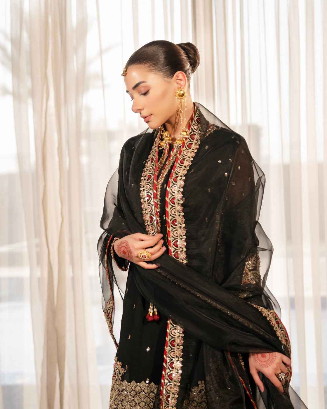 Elegant Black Embroidered Luxury Gold Festive Detailing