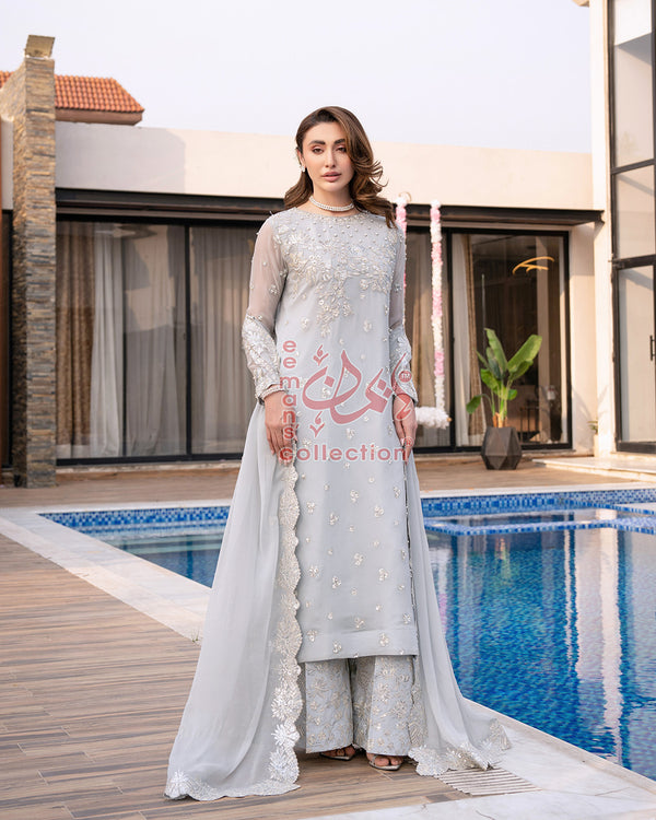 Ice Grey Pakistani Designer Suit | Silver Festive Wear