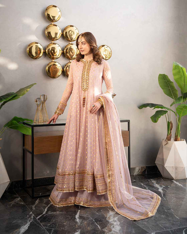 Luxury Soft Pink Embroidered Pakistani 3 Piece Suit with Gold Festive Detailing