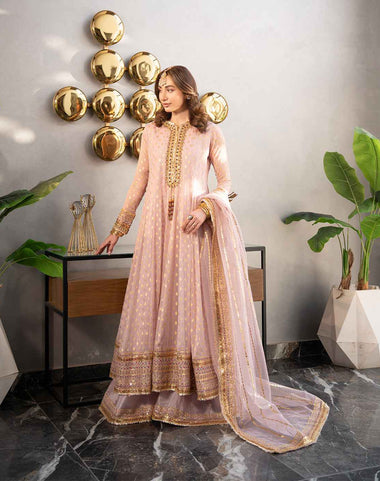 Luxury Soft Pink Embroidered Pakistani 3 Piece Suit with Gold Festive Detailing