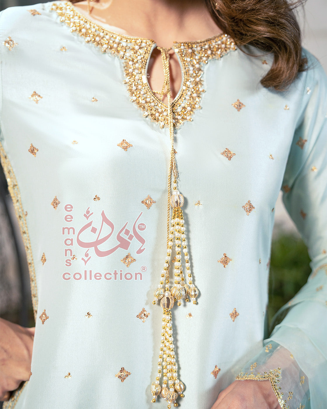 Ice Blue Gold Embroidered Pakistani Suit