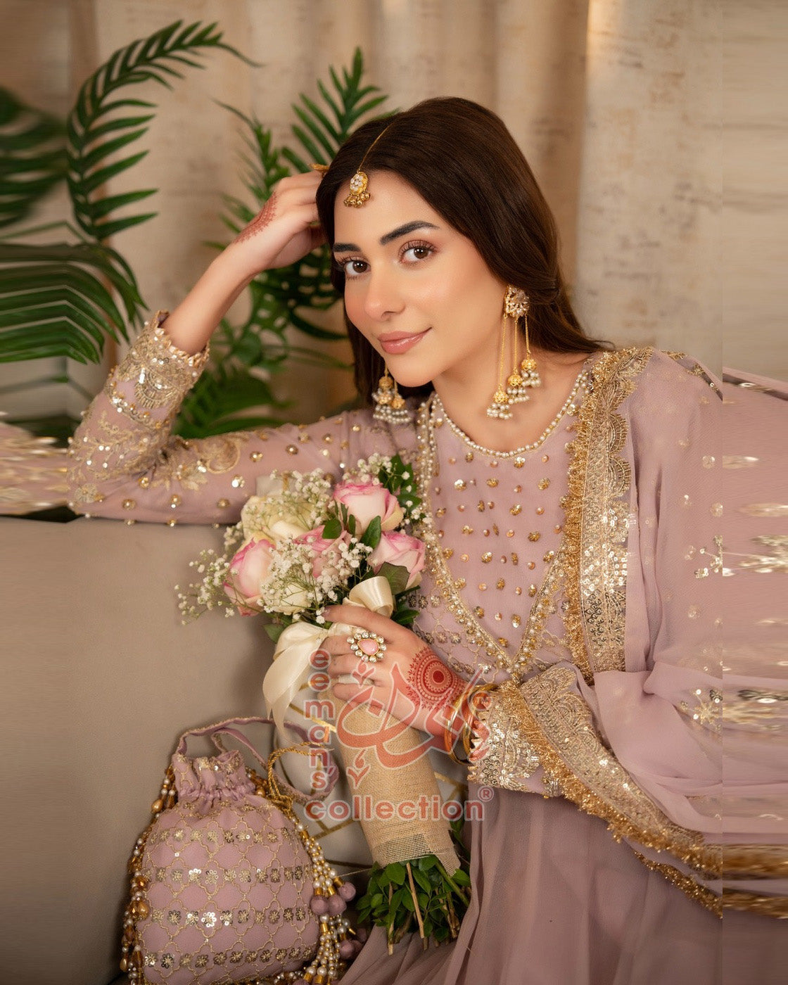 Dusty Pink Pakistani Formal Wear | Gold Embroidered Suit