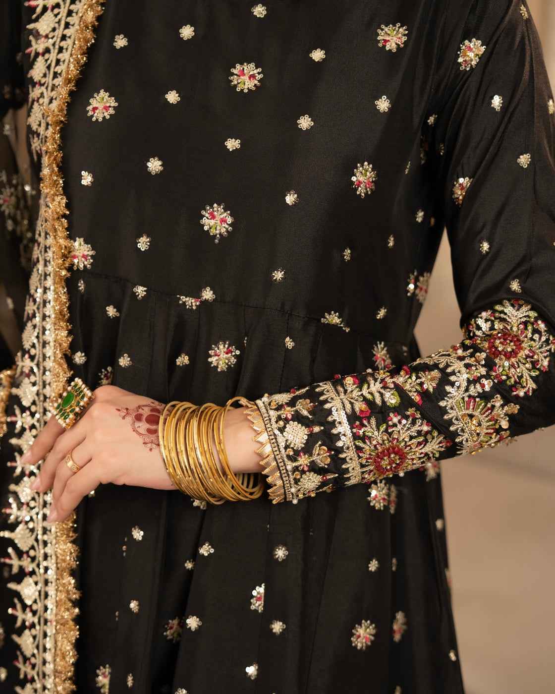 Luxury Black Suit with Gold Heritage Work & Net Dupatta