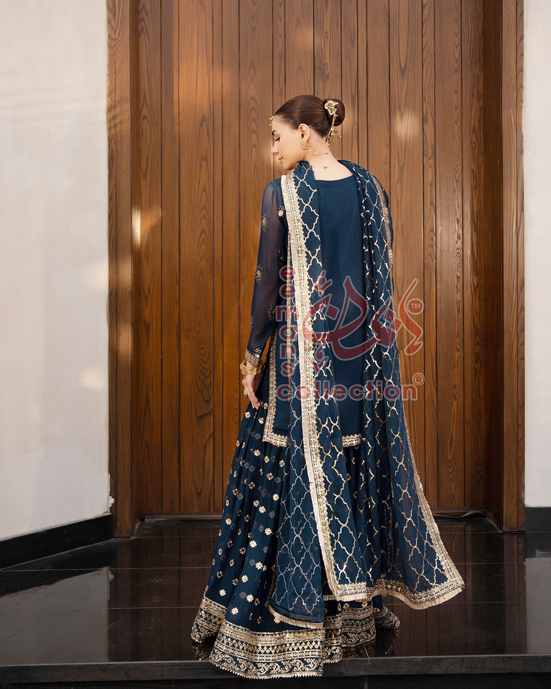 Navy Blue Pakistani Designer Suit | Gold Work & Dupatta