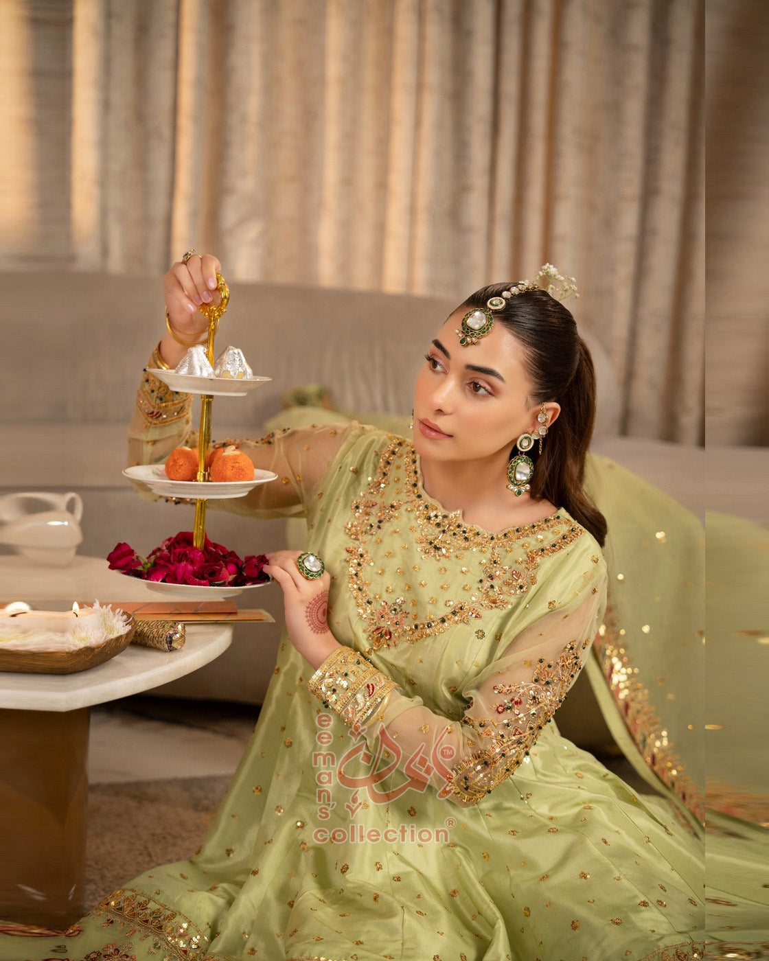 Light Green Luxury Embroidered Suit | Gold Festive Wear