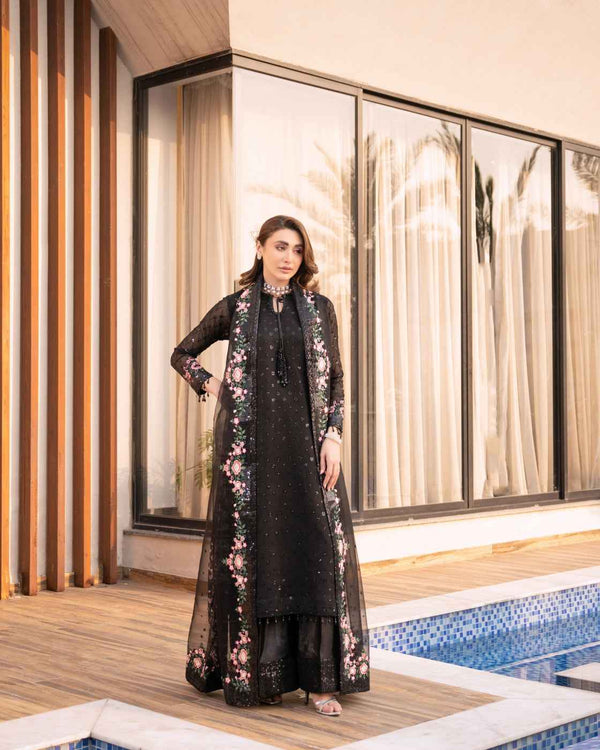 Black Floral Pink Blossom Detailing & Sheer Dupatta