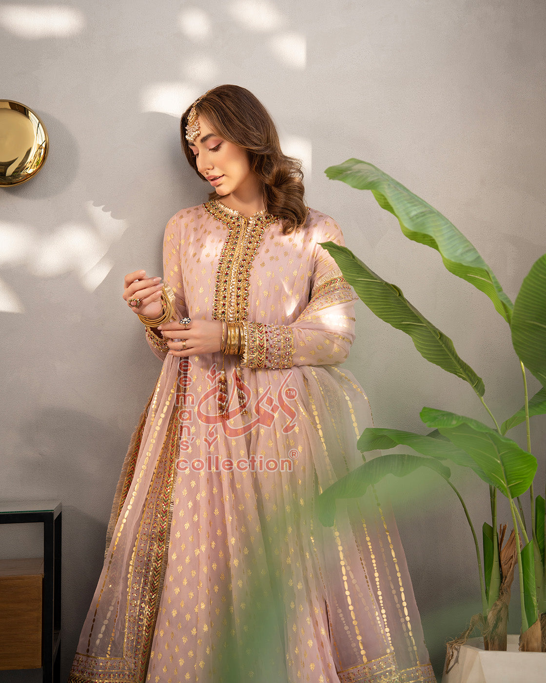 Soft Pink Embroidered Formal Suit | Gold Pakistani 3 Piece
