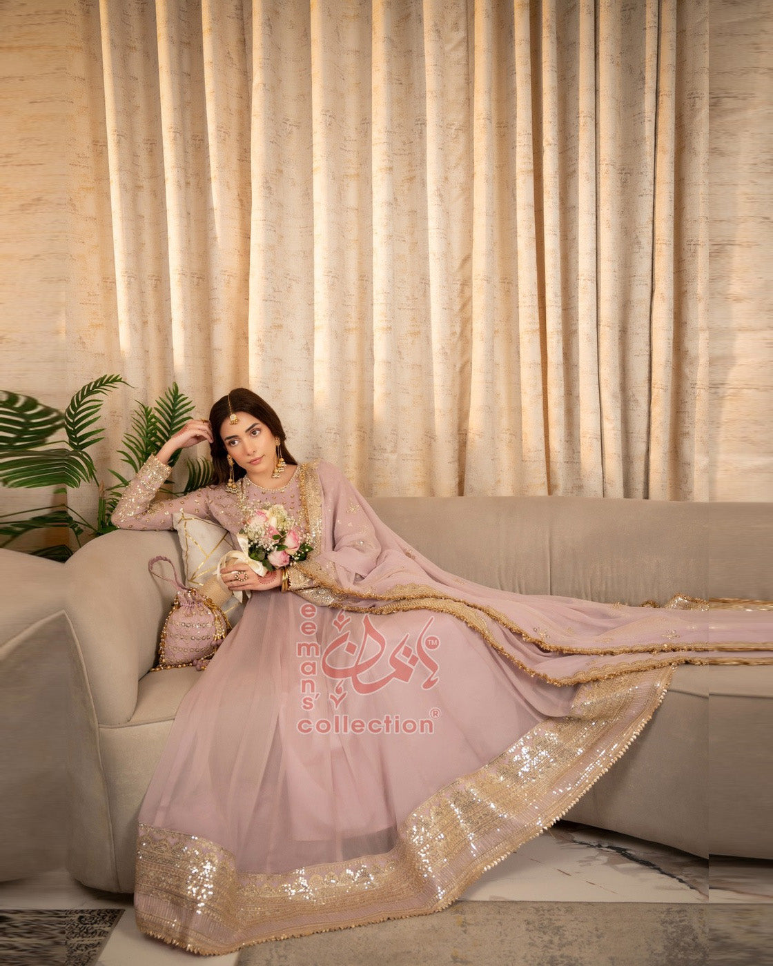 Dusty Pink Pakistani Formal Wear | Gold Embroidered Suit