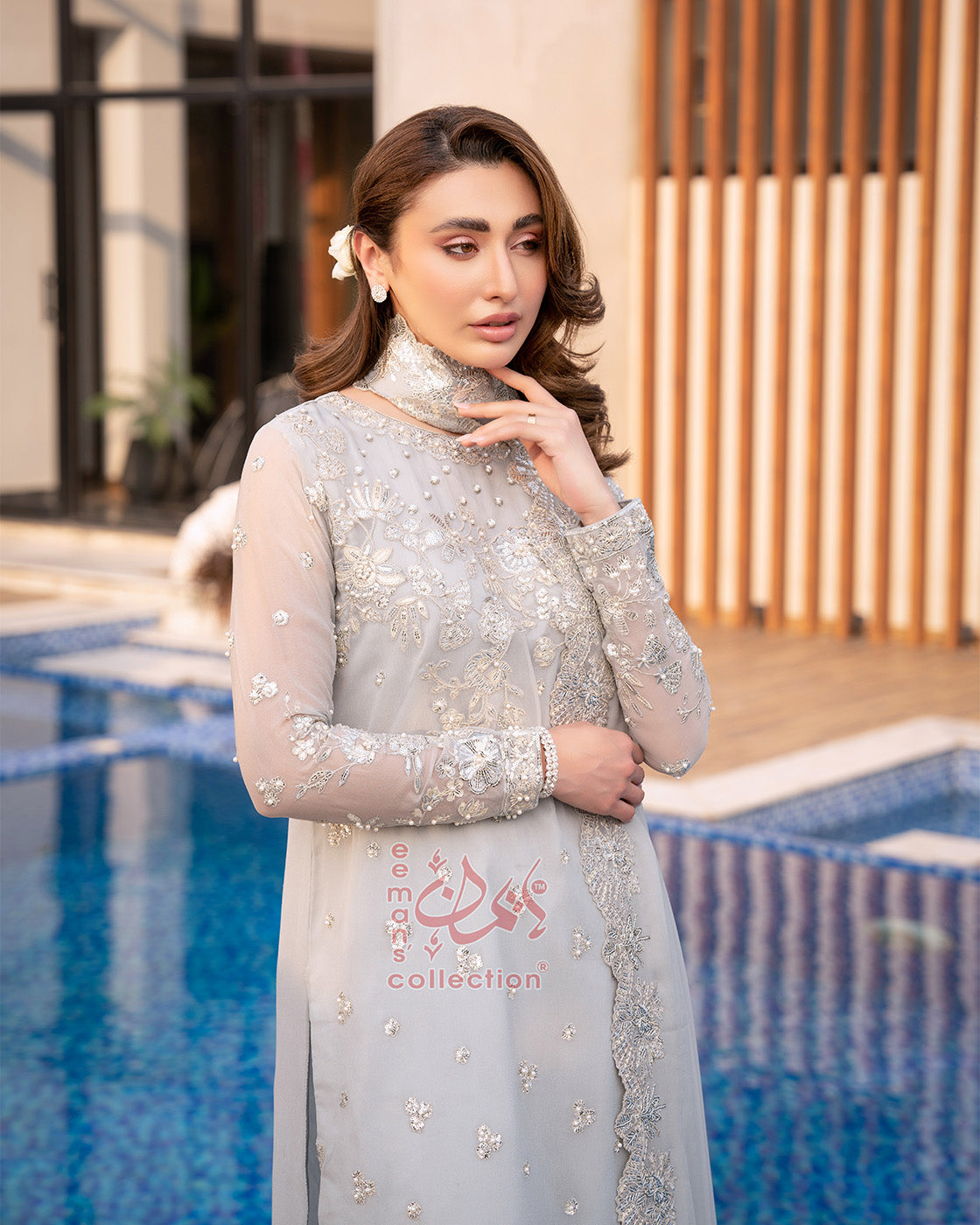 Ice Grey Pakistani Designer Suit | Silver Festive Wear