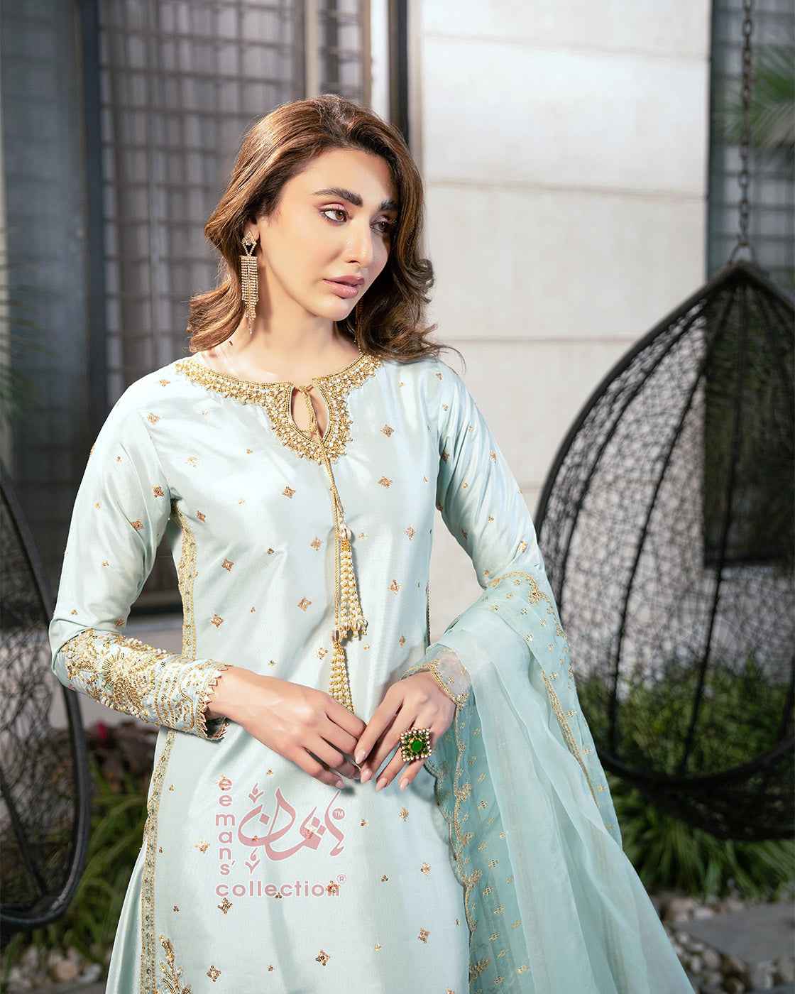 Ice Blue Gold Embroidered Pakistani Suit
