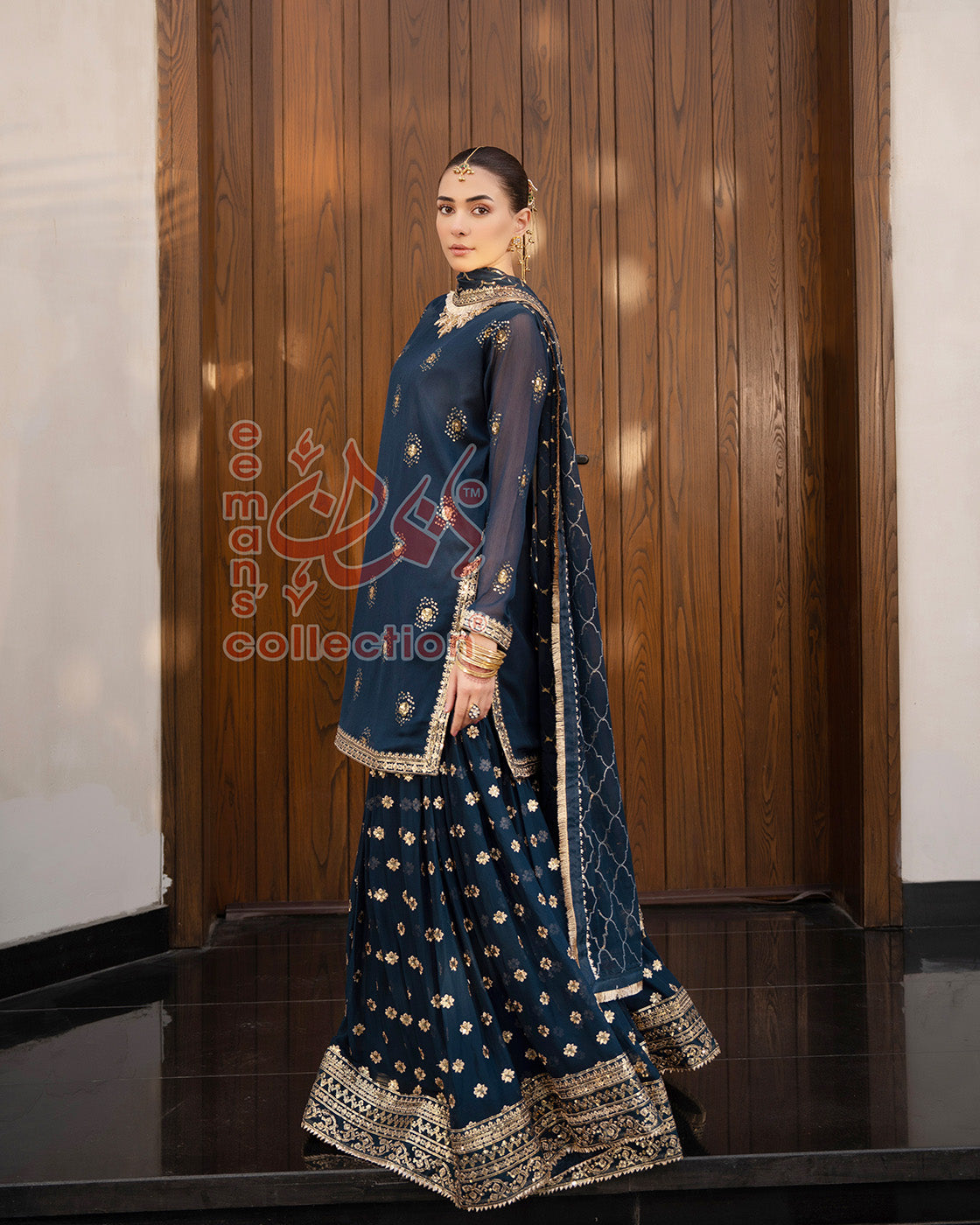 Navy Blue Pakistani Designer Suit | Gold Work & Dupatta
