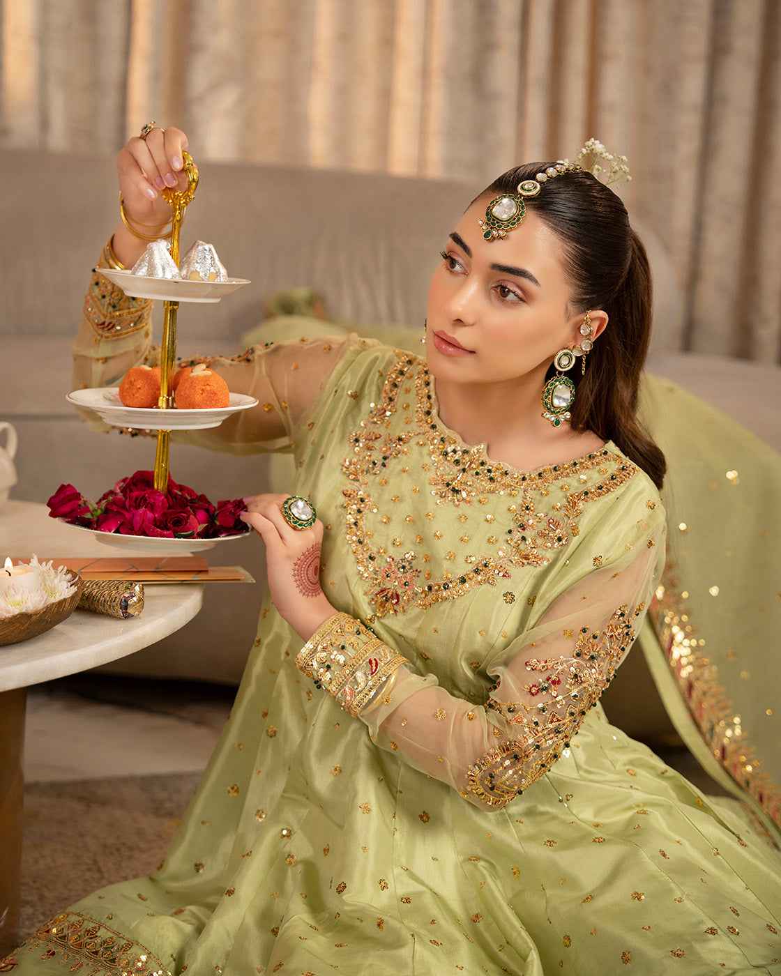 Light Green Embroidered Suit with Gold Festive Detailing
