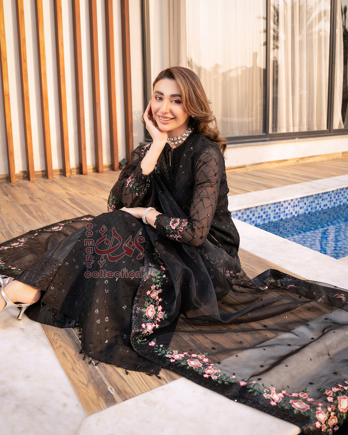 Black Floral Pink Embroidered Suit with Gold Detailing