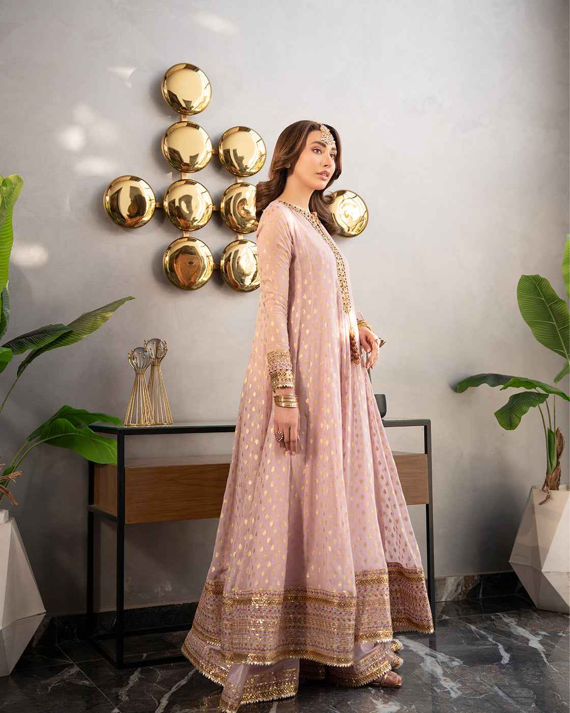 Luxury Soft Pink Embroidered Pakistani 3 Piece Suit with Gold Festive Detailing