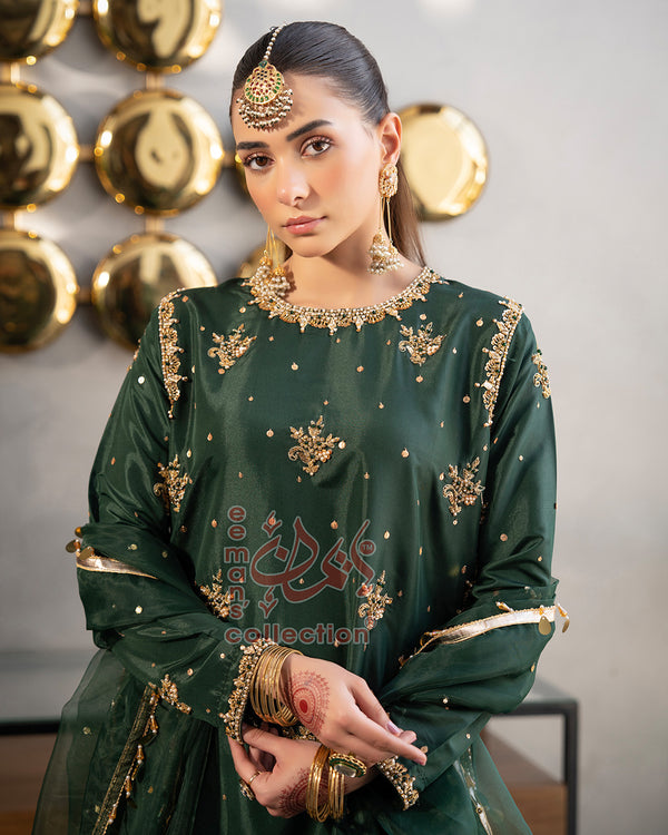 Emerald Green Pakistani Luxury Suit | Gold Embroidered Wear