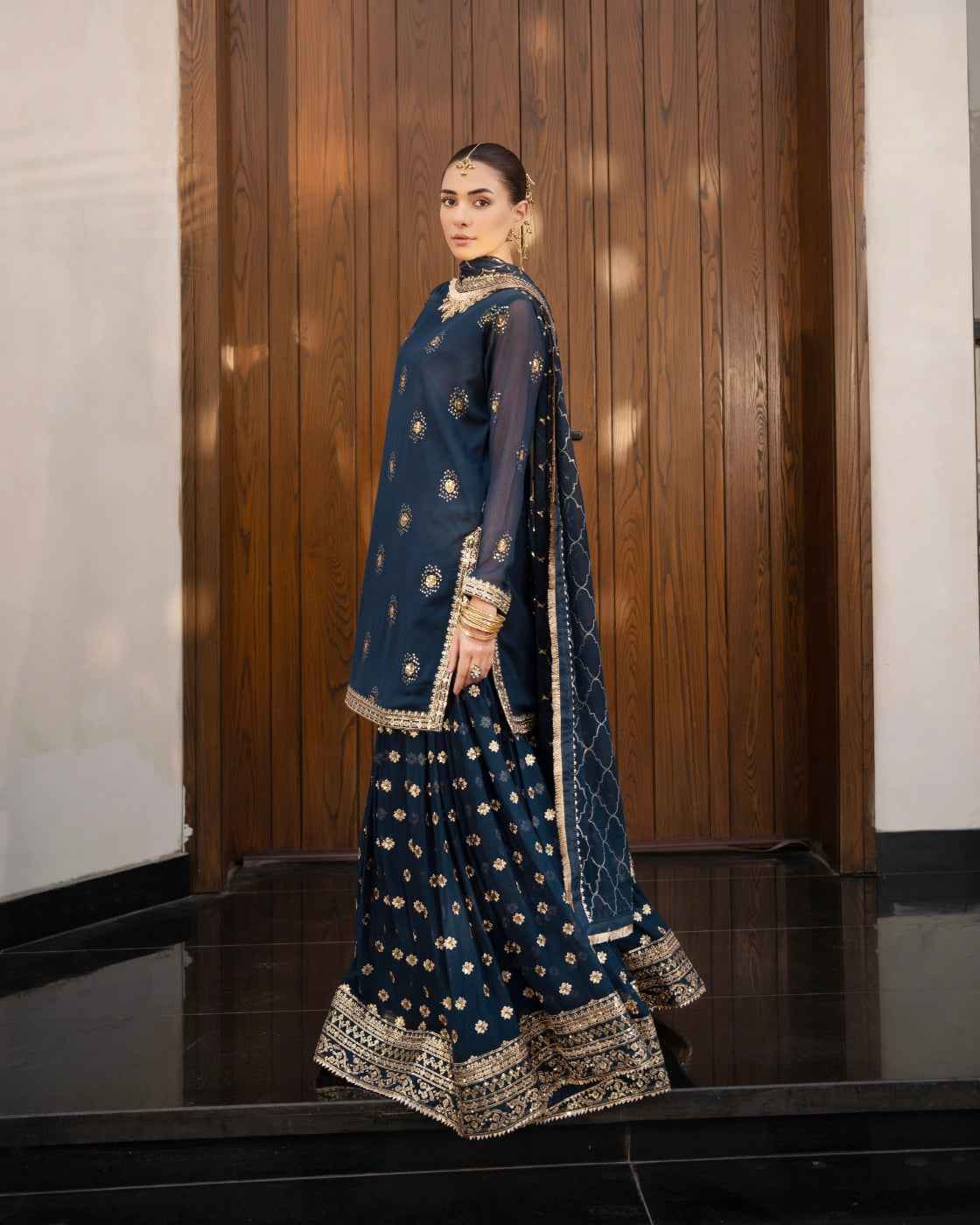 Navy Blue Embroidered Gold Work & Dupatta