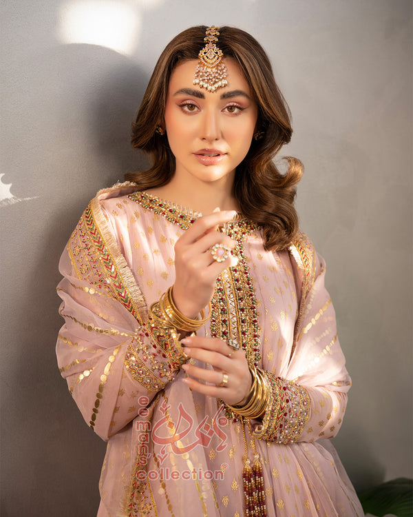 Soft Pink Embroidered Formal Suit | Gold Pakistani 3 Piece