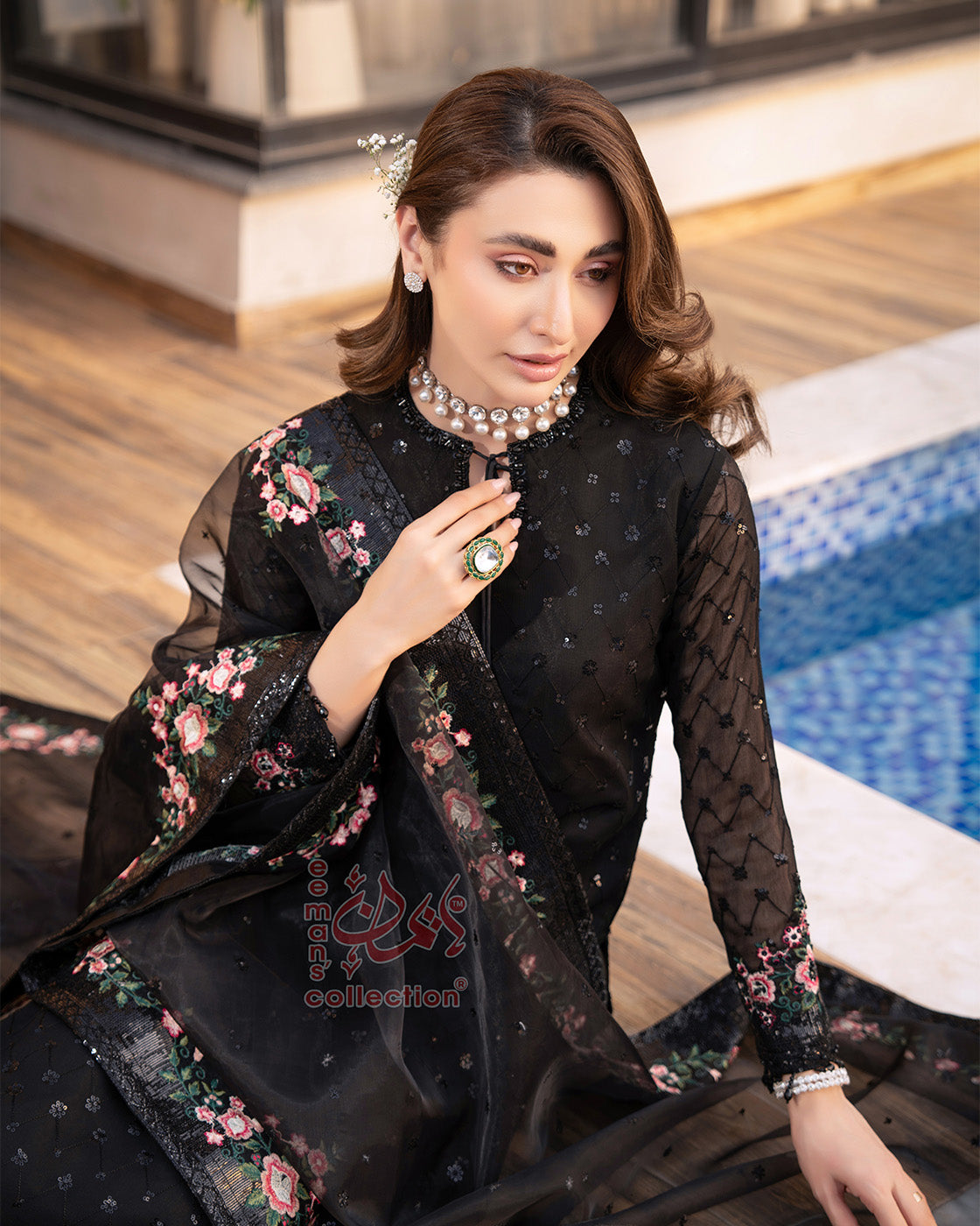 Black Floral Pink Embroidered Suit with Gold Detailing