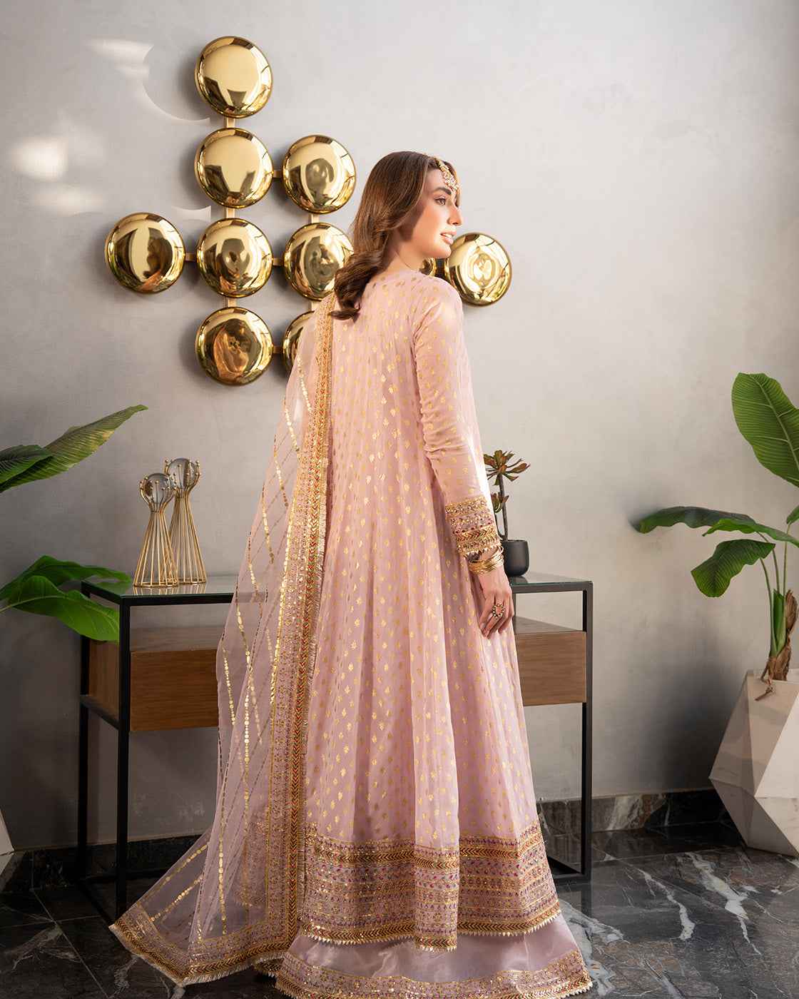 Luxury Soft Pink Embroidered Pakistani 3 Piece Suit with Gold Festive Detailing