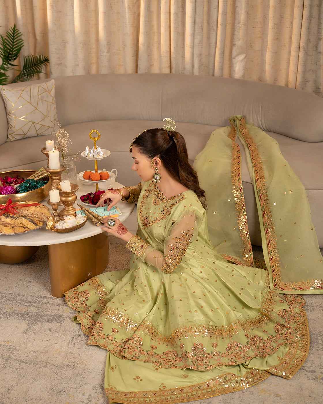 Light Green Embroidered Suit with Gold Festive Detailing