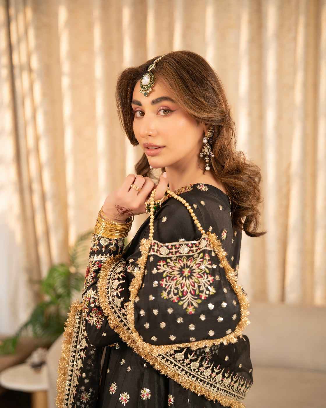 Luxury Black Suit with Gold Heritage Work & Net Dupatta
