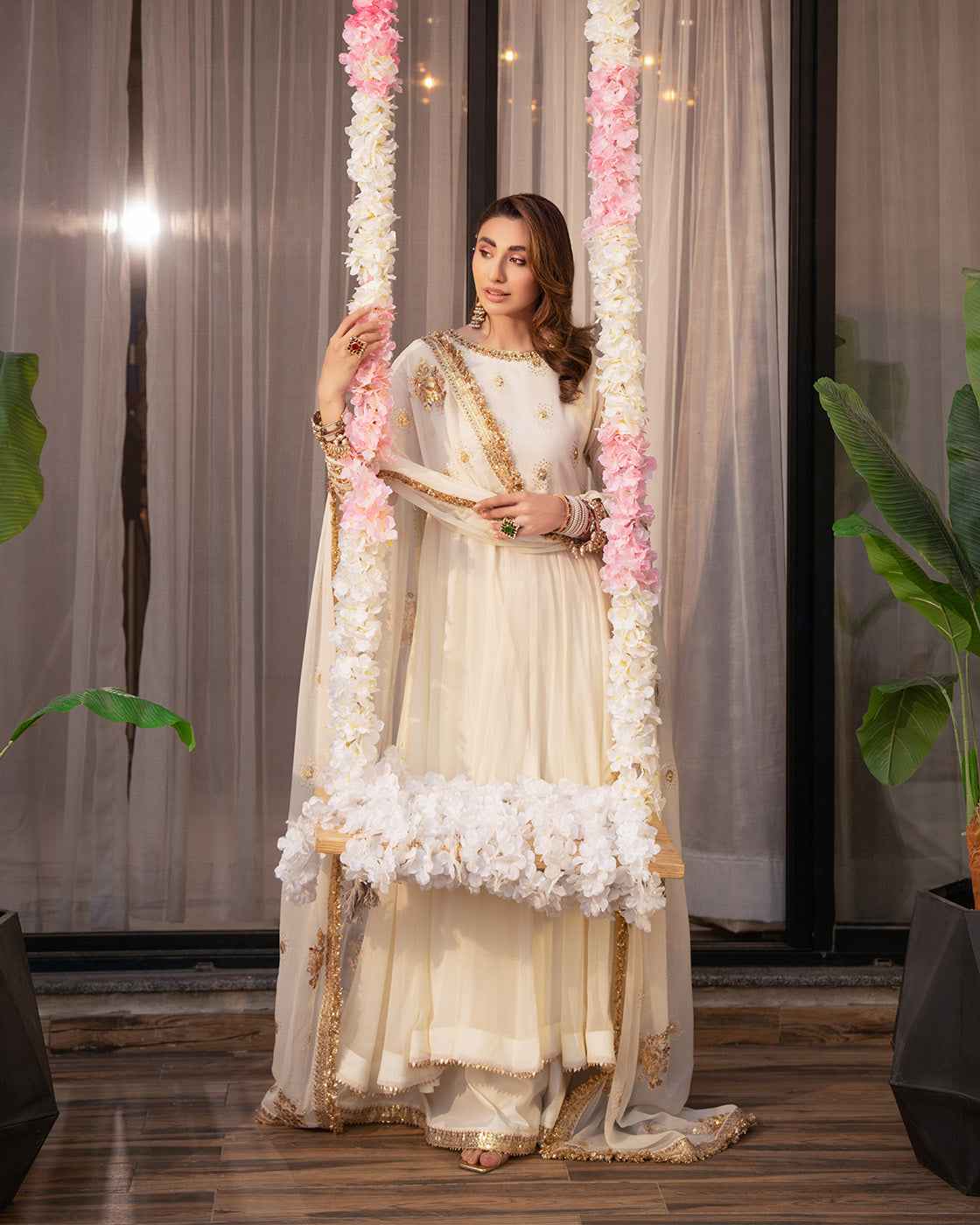 Elegant Off-White Embroidered Suit with Gold Festive