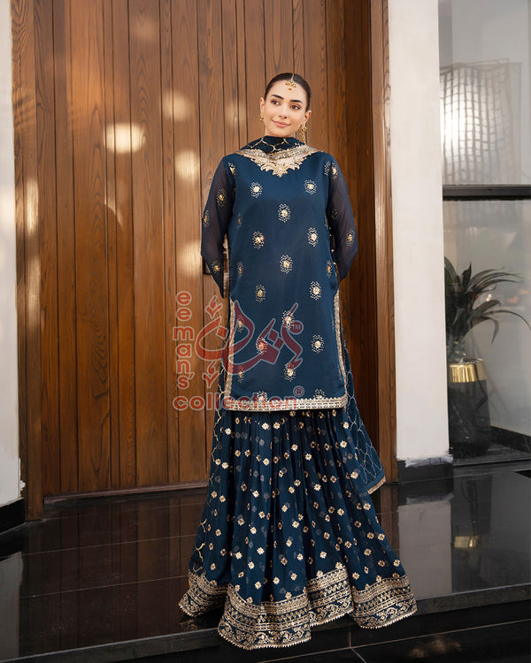 Navy Blue Pakistani Designer Suit | Gold Work & Dupatta
