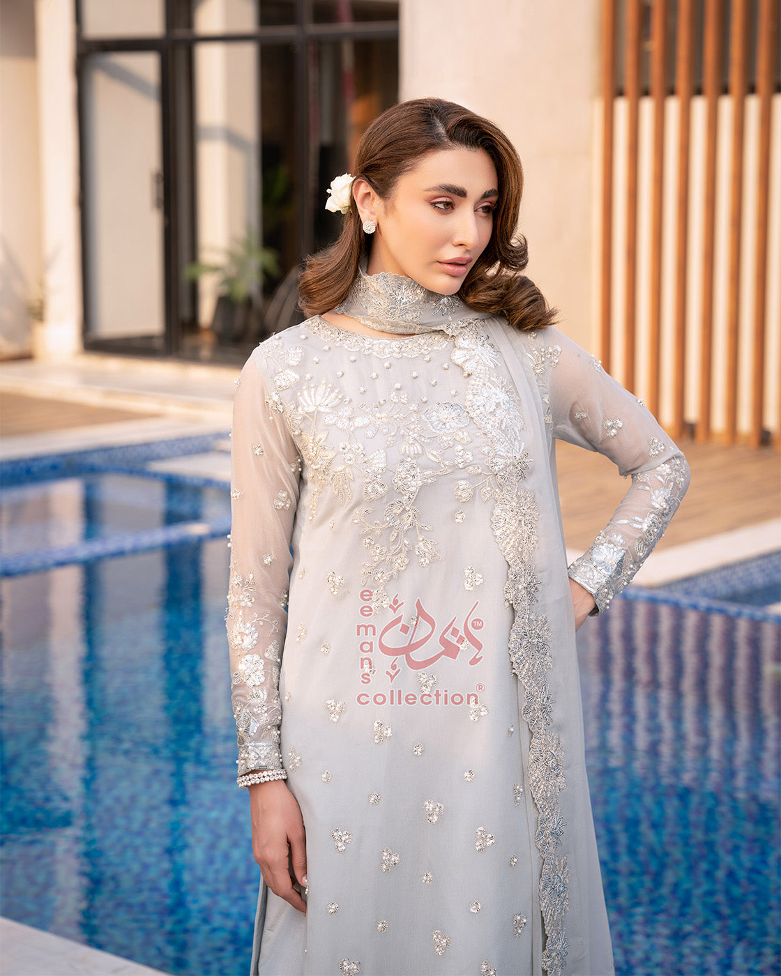 Ice Grey Pakistani Designer Suit | Silver Festive Wear
