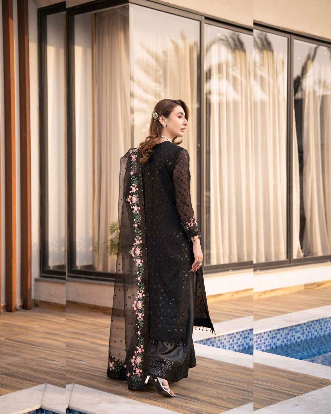 Black Floral Pink Blossom Detailing & Sheer Dupatta