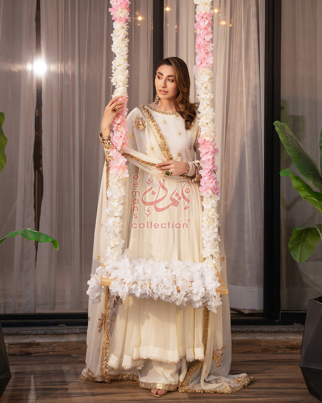 Off White Festive Embroidered Dress | Gold Luxury Suit
