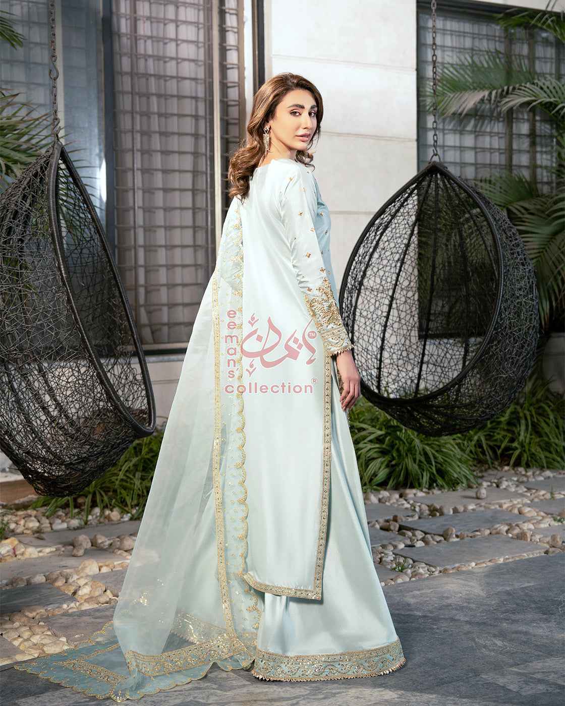 Ice Blue Gold Embroidered Pakistani Suit