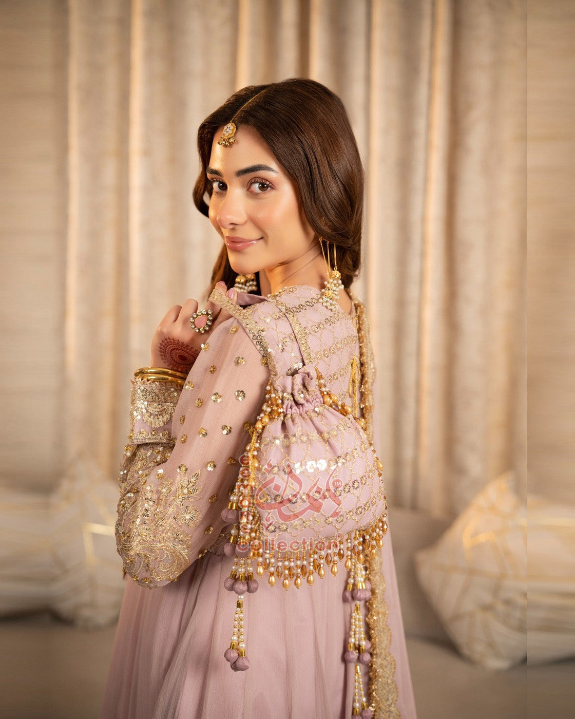 Dusty Pink Pakistani Formal Wear | Gold Embroidered Suit
