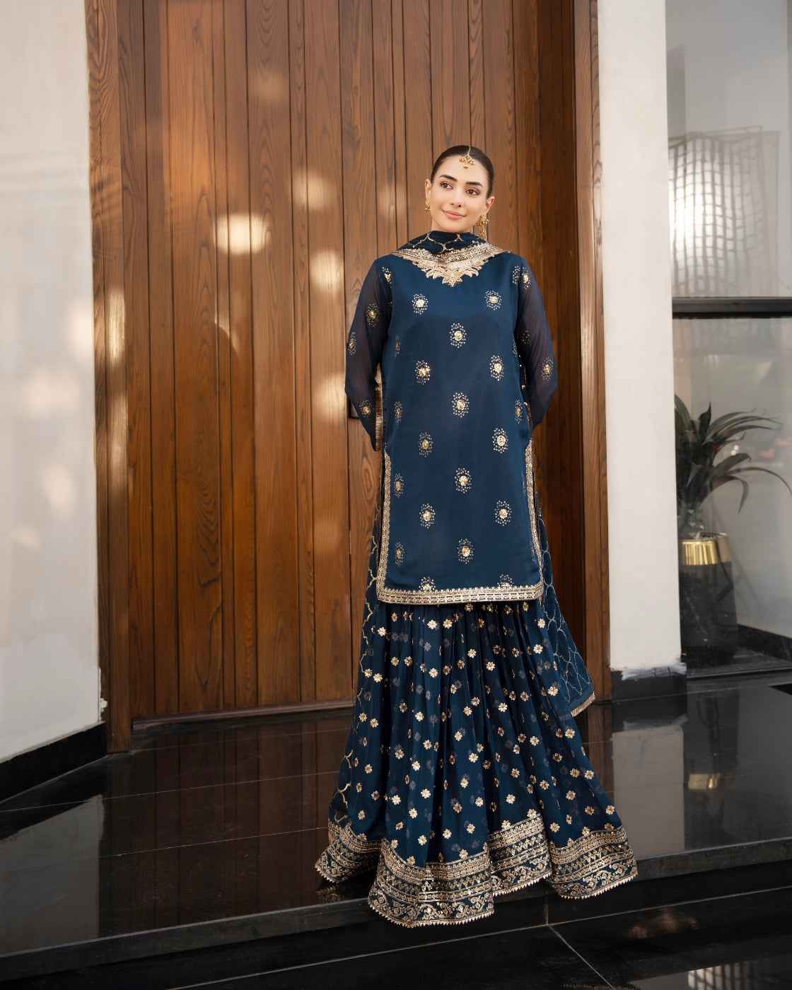 Navy Blue Embroidered Gold Work & Dupatta