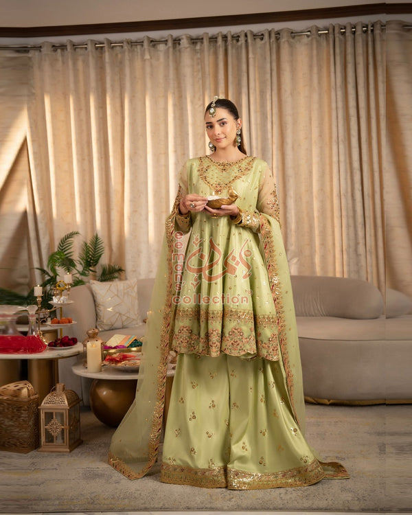 Light Green Luxury Embroidered Suit | Gold Festive Wear