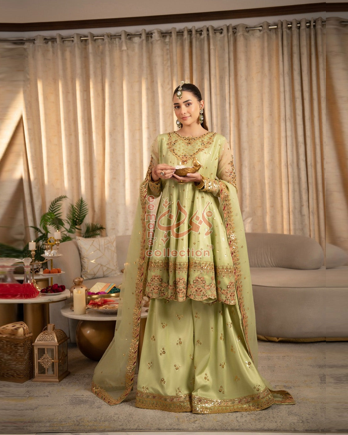 Light Green Luxury Embroidered Suit | Gold Festive Wear