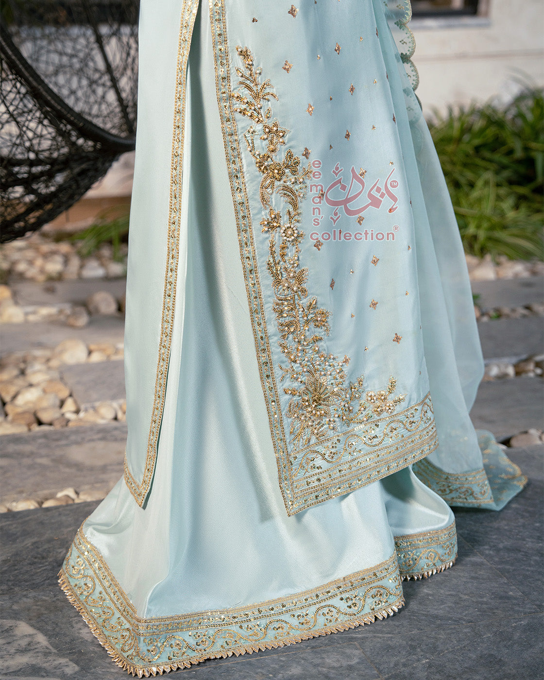Ice Blue Gold Embroidered Pakistani Suit