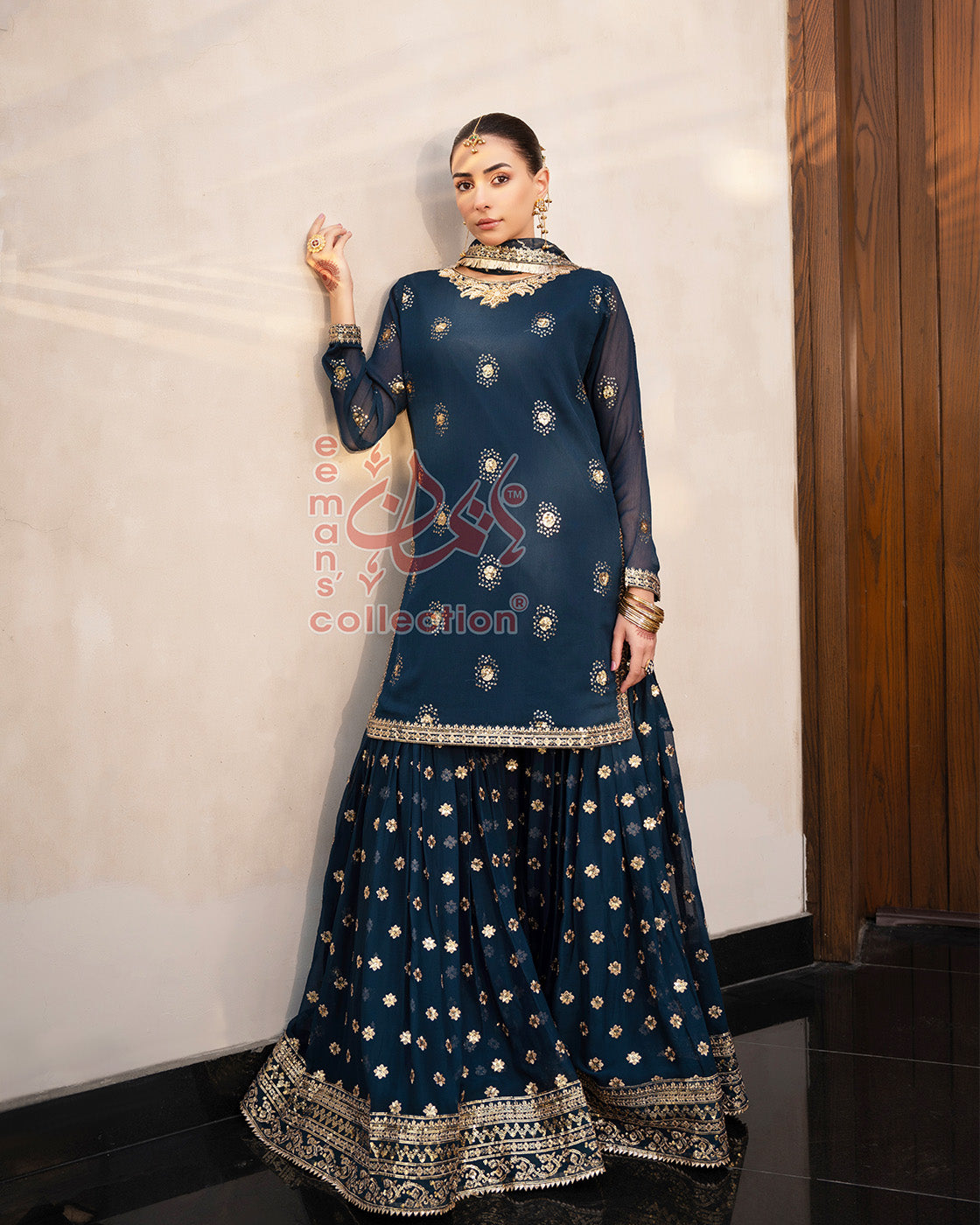 Navy Blue Pakistani Designer Suit | Gold Work & Dupatta