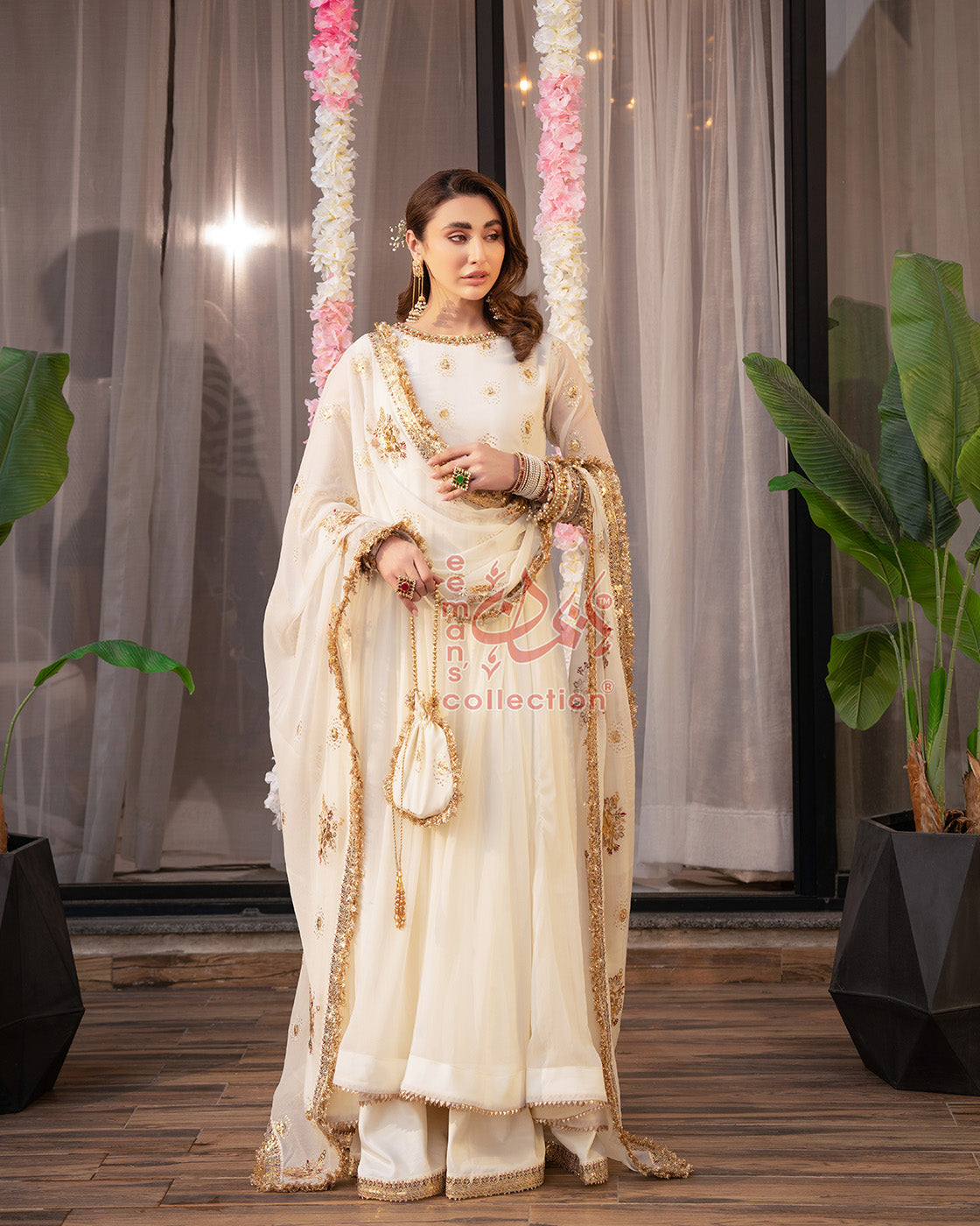 Off White Festive Embroidered Dress | Gold Luxury Suit