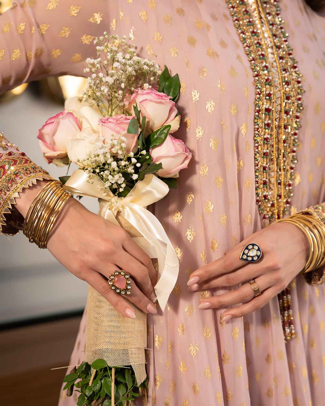Luxury Soft Pink Embroidered Pakistani 3 Piece Suit with Gold Festive Detailing
