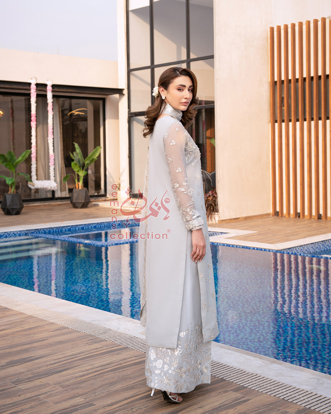 Ice Grey Pakistani Designer Suit | Silver Festive Wear