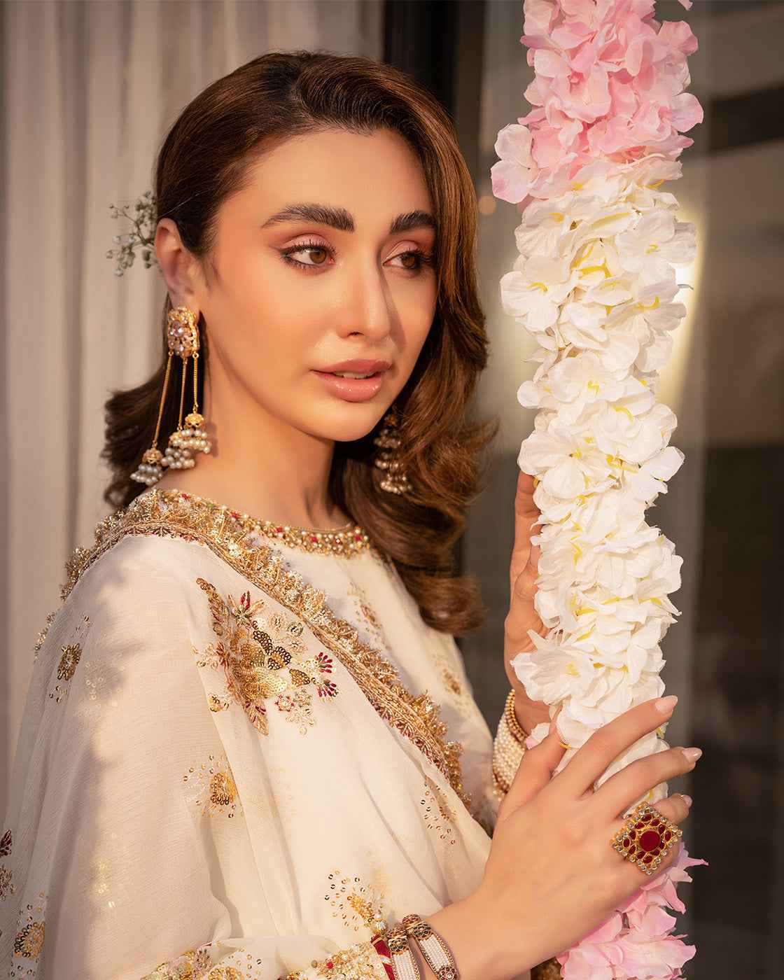 Elegant Off-White Embroidered Suit with Gold Festive