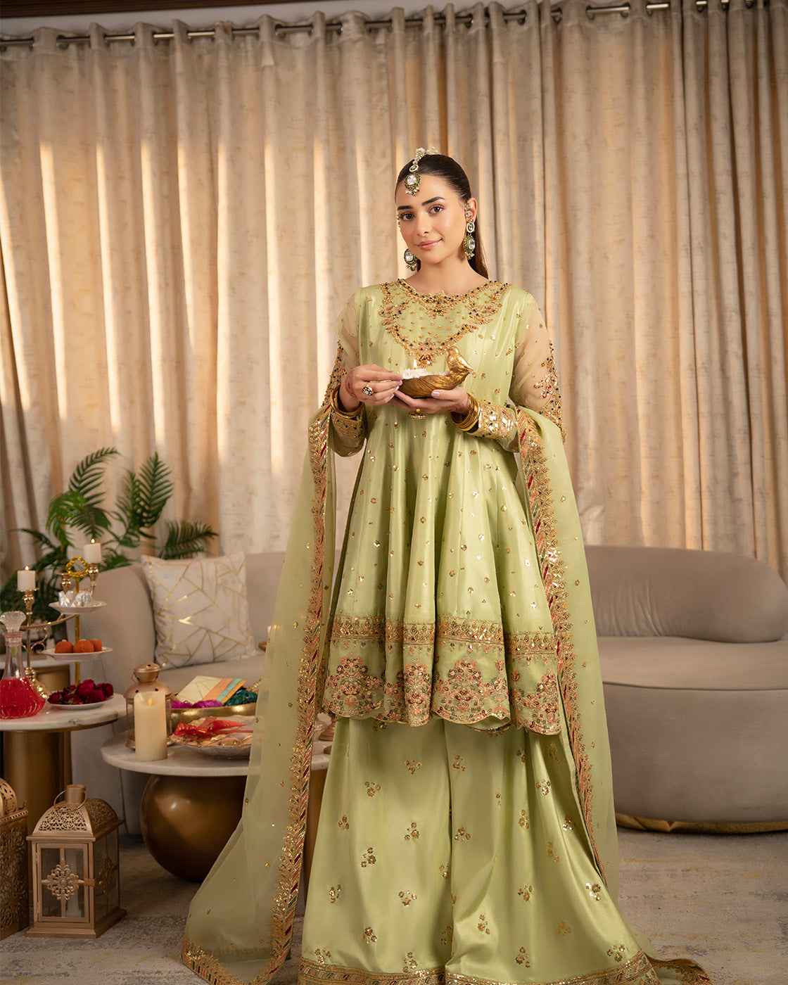 Light Green Embroidered Suit with Gold Festive Detailing