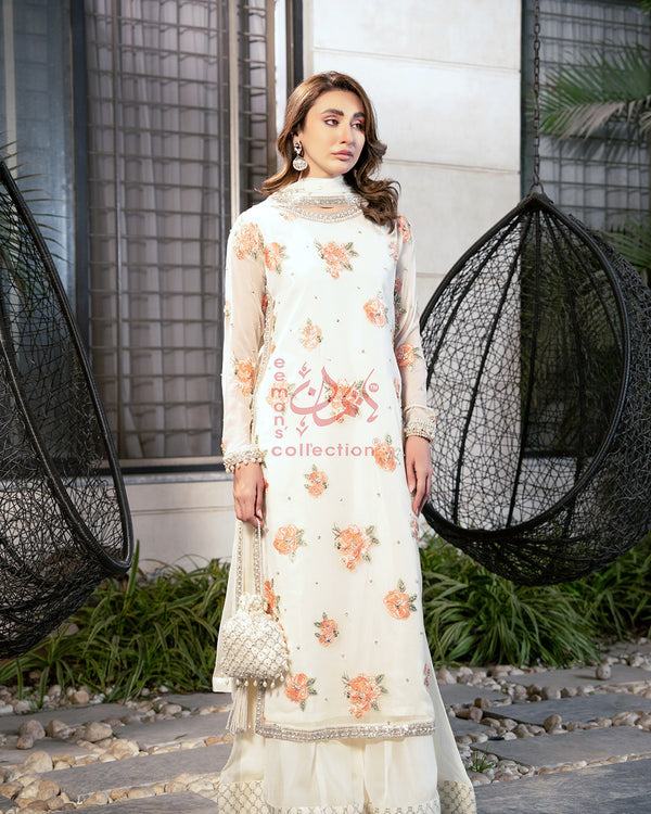 Ivory Peach Bloom Pakistani Designer Suit