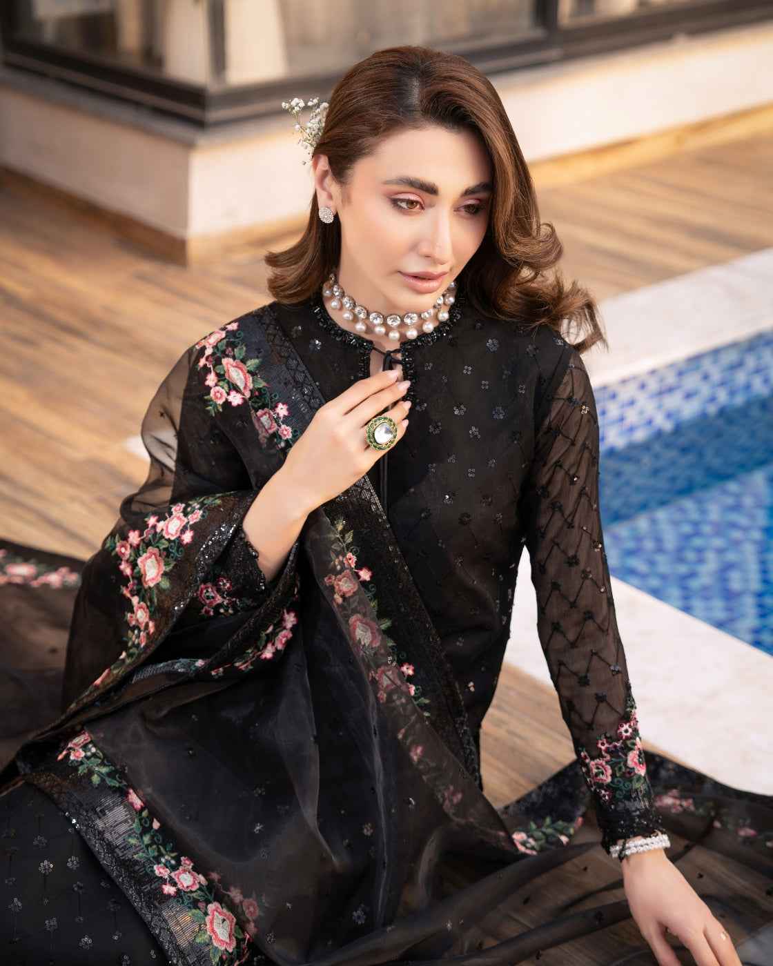 Black Floral Pink Blossom Detailing & Sheer Dupatta