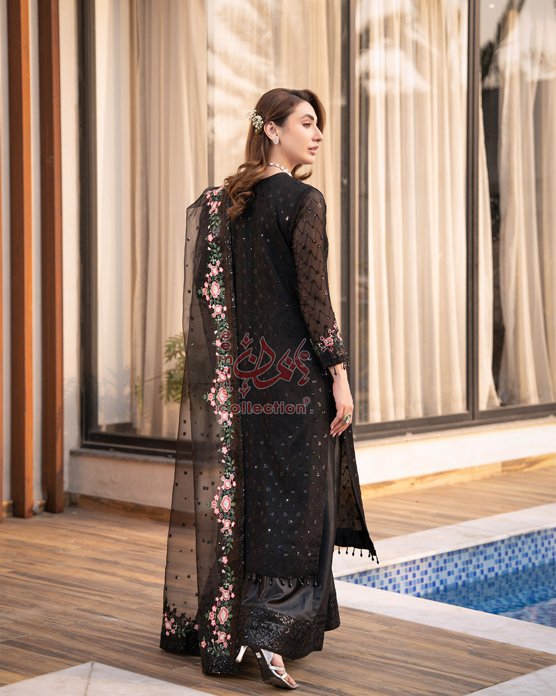 Black Floral Pink Embroidered Suit with Gold Detailing